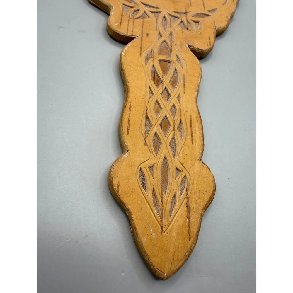Vintage MCM Eastern European Hand Carved Birch Wood Hand Mirror 11.75
